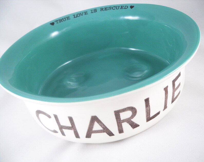 May include: White ceramic pet bowl with a teal blue interior. The bowl has the words "TRUE LOVE IS RESCUED" printed on the rim and the name "CHARLIE" printed on the bottom in a silver-colored font.