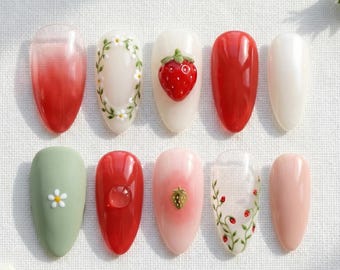 3D Strawberry Almond Press On Nails | Gingham, Bee & Ladybug