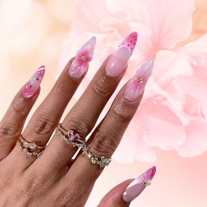 3D Flower Press On Nails: Pink Ombré Almond Set with Gold