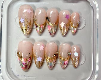 Twinkle Star Press On Nails: Gold Foil Iridescent Glitter, Handmade Nail Set