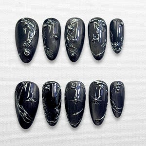 Black Chrome 3D Press On Nails | Glossy Abstract Metallic Nail Art | Gothic Minimal Y2K Nails | Long Stiletto Handmade Gel Press Ons