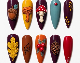 3D Autumn Botanical Stiletto Nails | Mushroom Cottagecore