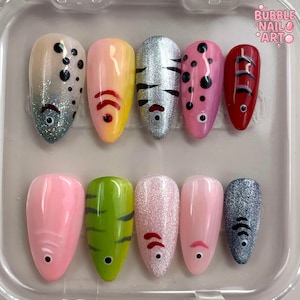 Fish Lure Press On Nails | Colorful Glitter Animal Nails | Cute Fish Nail Art | Handmade Press Ons | Mismatched Cartoon Nail Set