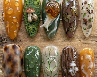 3D Snail Moss Press On Nails | Forest Goblincore Stiletto Nails