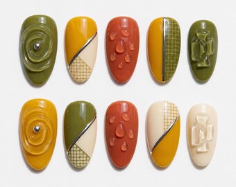 3D Retro Abstract Almond Nails | Fall Custom Gel