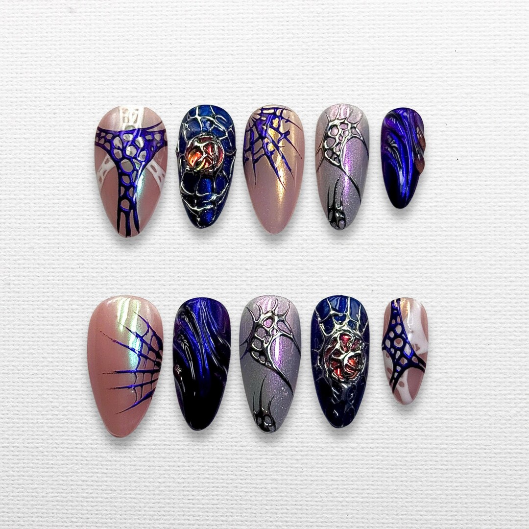 Y2K Spiderweb Press on Nails: 3D Chrome Cybercore Nail Art - Etsy
