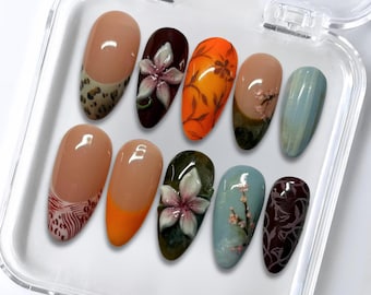 Hand-Painted Floral Press On Nails: Botanical Garden Nail Art Set