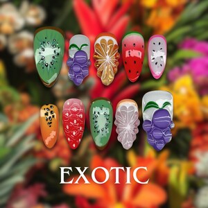 Exotic Fruit Press On Nails: 3D Summer Nail Art with Kiwi, Grapes, and Watermelon