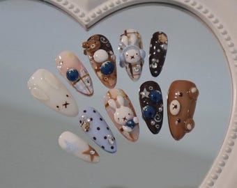 3D Miffy Bunny Press On Nails | Bear Coquette Plaid Blue Berry Almond Shape