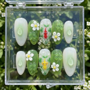 Press on Nails | 3D Pikmin, Clover, Daisy Flower Art (Almond Shape)