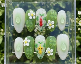 Press on Nails | 3D Pikmin, Clover, Daisy Flower Art (Almond Shape)