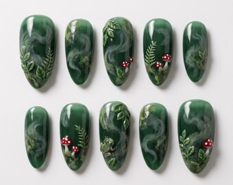 Enchanted Forest Press On Nails | Fairycore Mushroom Frog Woodland Almond Fake Nails