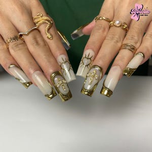 Heavenly Gold Press On Nails | 3D Cross & Sacred Heart Charms | Luxury Baroque Art Nail Set