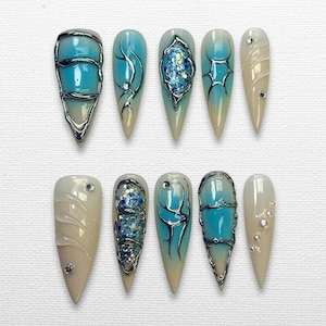 Ocean Chrome Press On Nails | Beach Jellycore Nails | 3D Iridescent Mermaid Nail Set | Handmade Summer Nails | Y2K Alt Coastal Core