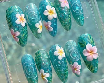 Hand-Painted 3D Plumeria Press On Nails | Turquoise Water Ripple Design