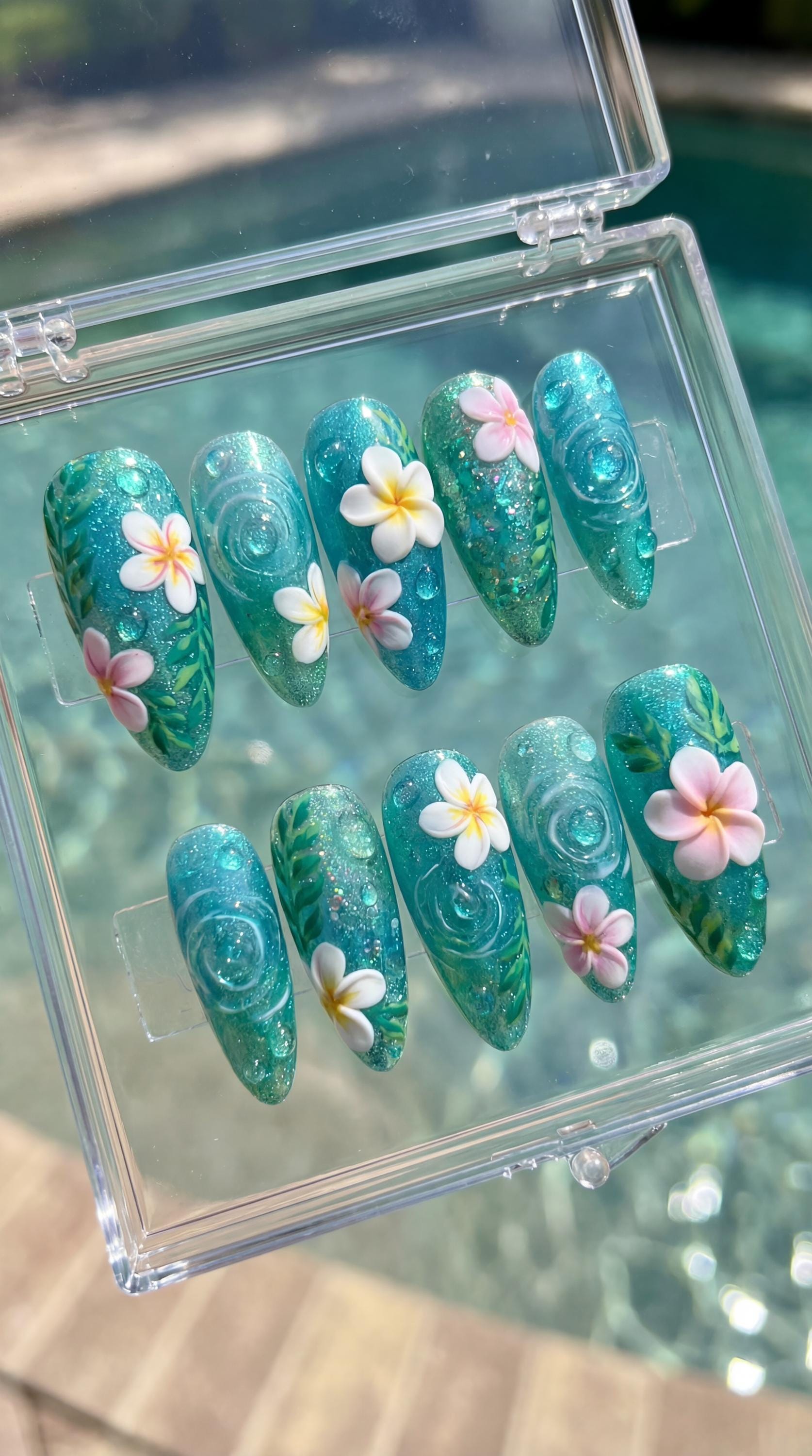 Hand-painted 3D Plumeria Press on Nails | Turquoise Water Ripple