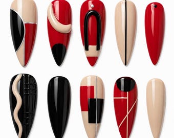 Red Black Geometric Almond Nails | 3D Abstract Retro
