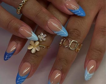 Hand-Painted Wave Press-On Nails | Sky Blue Coastal Design