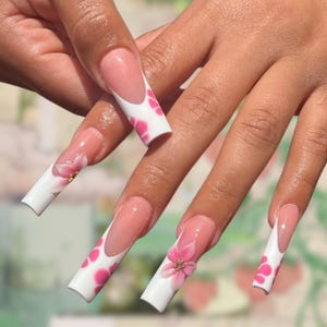 Pink Floral French Tip Press On Nails – 3D Flower Faux Acrylic Set | Reusable Long Nails | Handmade Spring Glam Nail Art