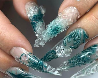 Mermaid Core Press On Nails | 3D Ocean Teal Stiletto, Pearl Gem