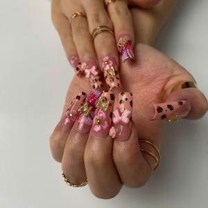 Trendy Pink Leopard Print Press-On Nails | Cute 3D Flower & Bow Charms | Custom Long Coffin Manicure