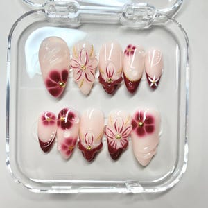 Burgundy Blossom Elegance Press On Nails, 3D Floral & Ombre Art, Gold Accents Wine Red Tips, Luxurious Oriental Style, Handmade Nail Set