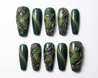 3D Forest Green Cat Eye Coffin Press On Nails | Woodland Vine Leaves Fairycore Goblincore