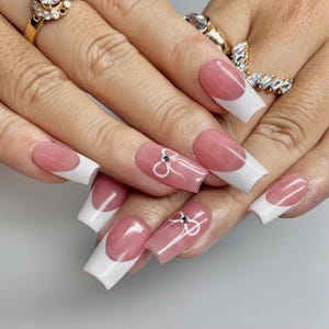 French – Press-On Nails with Neutral Pink Base, White French Tips & Floral Accents | Handmade Fake Nails Glue-On Nail Extensions