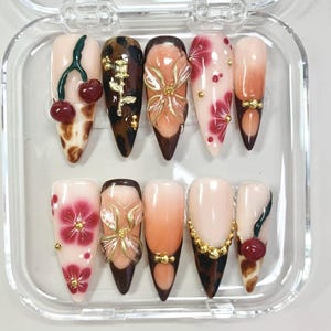 Autumn Berry Glam Press On Nails, 3D Cherry & Floral Art, Leopard Print Gold Accents, Chic Woodland Style, Handmade Fall Winter Nail Set