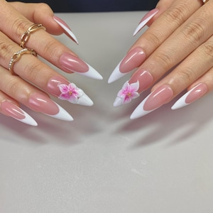 Elegant French Tip Press-On Nails | Classic Pink & White Stiletto Design with 3D Flowers | Custom Long Manicure