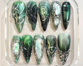 Emerald Green Press-On Nails: Silver Chrome Pearl Fairycore Nail Art