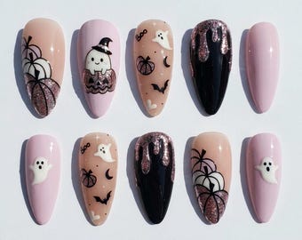 Handpainted Pastel Pink Cute Ghost Pumpkin Glitter Drip Press On Nails Halloween Nails