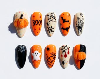 Handpainted Orange 3D Pumpkin Bat Ghost Skeleton Boo Press On Nails Halloween Nails