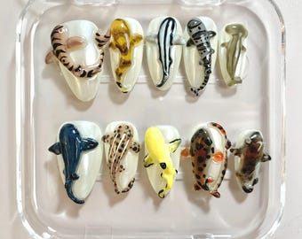 3D Ocean Creatures Press On Nails: Pearl Marine Life Nail Art