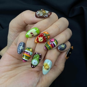Whimsical Storybook Press-On Nails | Colorful 3D Press On Nails | Whimsical Fruit Nail Art | Storybook Cute Nails | Hand Painted Set