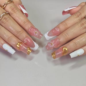 Delicate Floral Press-On Nails | Elegant Pink & White Petal Designs with Gold Dot Accents | Custom Long Almond Manicure