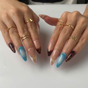 Elegant Tortoise Shell & Blue Tip Press On Nails, 3D Gold Accents, Fashion Forward Nail Art, Handmade Statement Nails Set