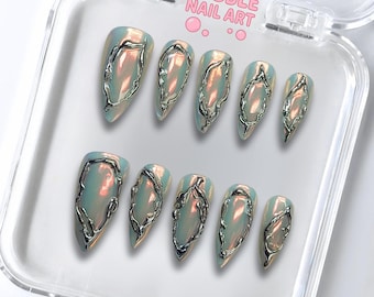 Chrome Aura Press On Nails: Iridescent 3D Y2K Stiletto Nails