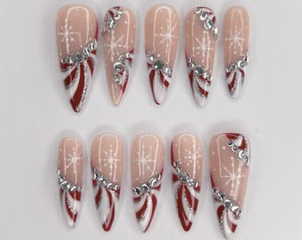 Christmas Press On Nails | Candy Cane Swirl, Rhinestone Stiletto, Snowflake