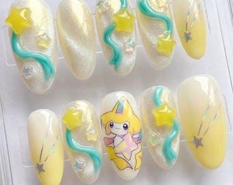 Starry Pastel Press-On Nails | Handmade Jirachi Inspired Nail Art Gift | Reusable Winter Manicure Set