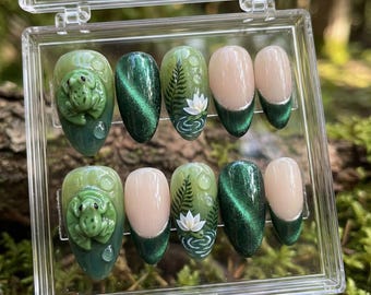 3D Frog Pond Nails | Green Cat Eye Water Lily Press On Nails | Cottagecore Hand Painted Floral Almond Nails | Spring Nature Gift