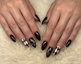 Queen of Hearts Nails | Red Cat Eye Gothic Almond Press Ons