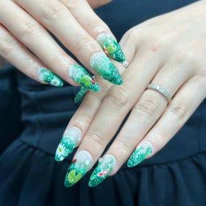 Hand-Painted Koi Fish Pond Press-On Nails – Realistic Nature Art Soft Gel Nails with Vintage Green Landscape Design