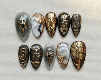 Dragon Scale Press On Nails: Gothic Black and Gold Chrome Marbling