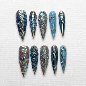 Blue Chrome Press On Nails: 3D Sculpted Stiletto Y2K Gel Nails