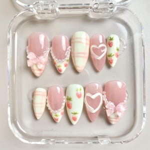 Strawberry Press Ons | Cute Pink Bow Nails | Kawaii Fake Nails | 3D Heart Nail Art | Handmade Gel Nail Set | Pearl Accent Nails Gift