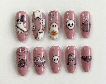 Handpainted Pink Cute Witch Ghost Skull Potion Boo Press On Nails Halloween Nails