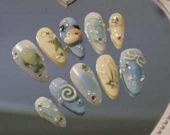 Pond Duck Psyduck Fish Press On Nails | Pastel Blue Water Swirl Spring Fake Nails