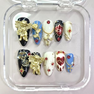 Baroque Cherub Gothic Press On Nails, 3D Angel & Rose Charms, Gold Chain Red Rhinestones, Romantic Edgy Style, Handmade Luxury Nail Set