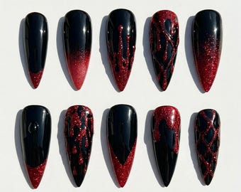 Handpainted Black Red Glitter Blood Drip Vampire Press On Nails Halloween Nails